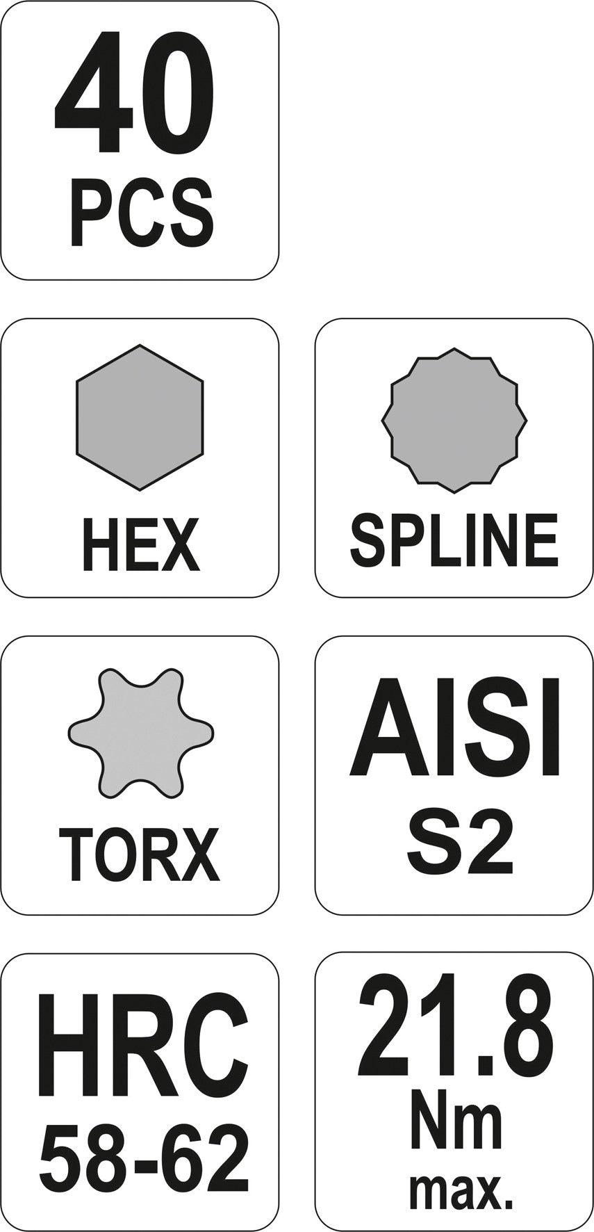 Antgalių rinkinys S2 | torx/hex/spline | 40 vnt. (YT-0400)
