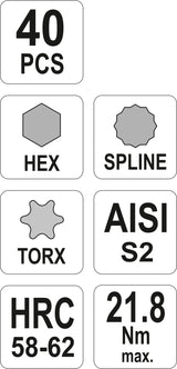 Antgalių rinkinys S2 | torx/hex/spline | 40 vnt. (YT-0400)