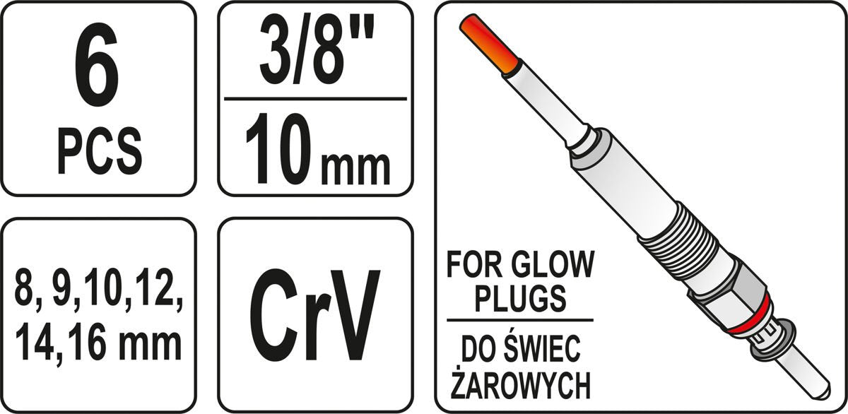 Galvutės kaitinimo žvakėms | šarnyrinės | 10 mm (3/8") | 8-16 mm | 6 vnt. (YT-05339)