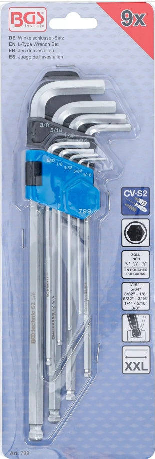L tipo raktų rinkinys | Coliniai dydžiai | hex šešiakampis / hex šešiakampis su šarnyru 1/16"- 3/8" | 9 vnt. (799)