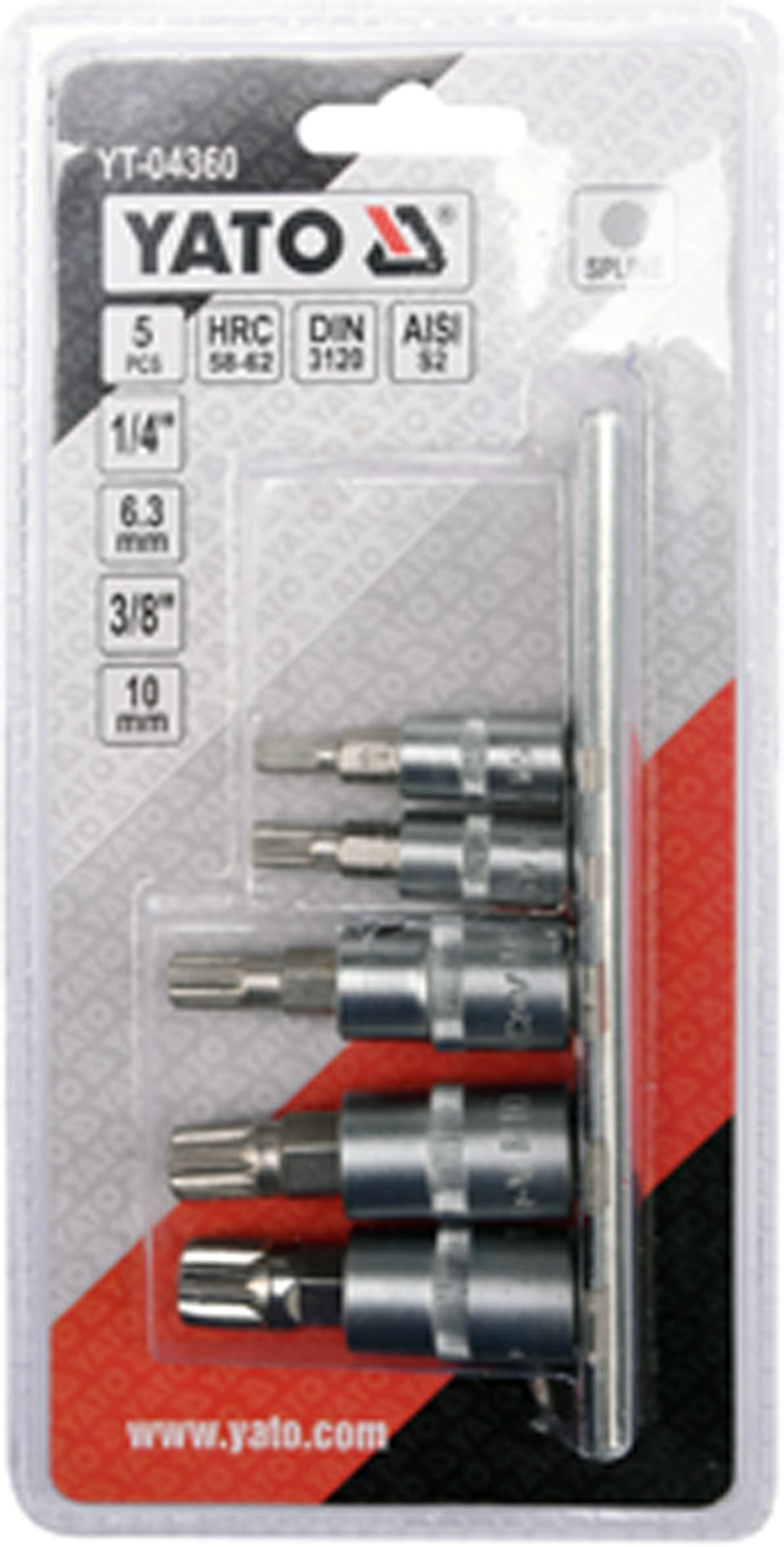 Įpresuotų antgalių rinkinys 1/4"+3/8", 5 vnt Spline M5 - M12 (YT-04360)