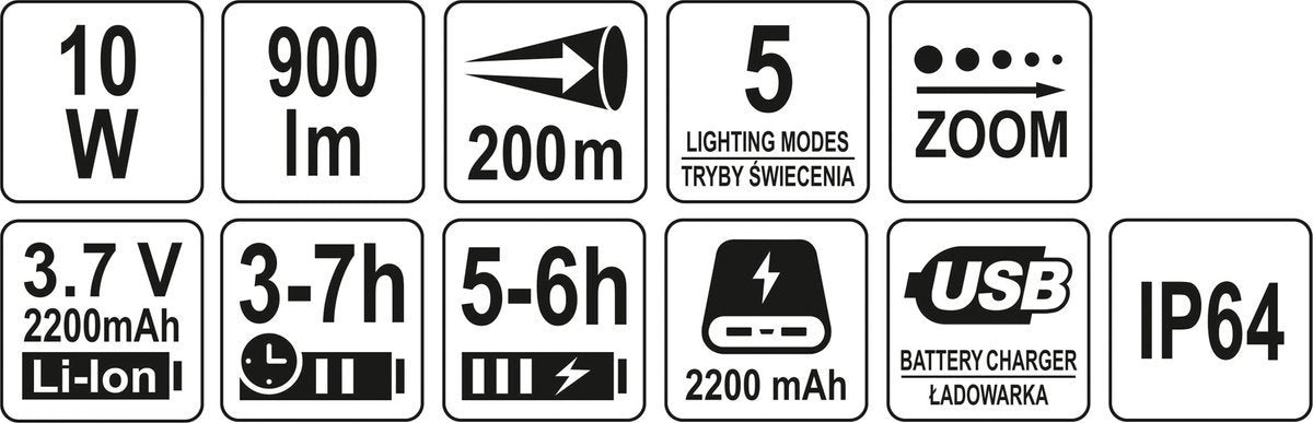Prožektorius 10W 900LM IP64, LI-ION 3,7V 2200MAH  200M, POWERBANK, ZOOM | Akumuliatorinis (YT-08559)