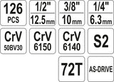 Набор инструментов | 6.3 mm (1/4") / 10 mm (3/8") / 12,5 mm (1/2") | 126 шт.