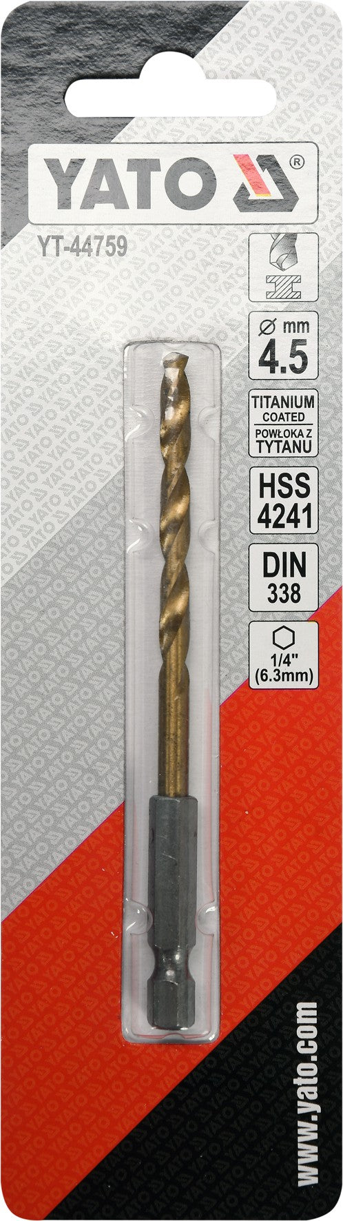 Grąžtas metalui su Hex 6.3 mm (1/4") galu HSS-TiN | 4.5 mm (YT-44759)