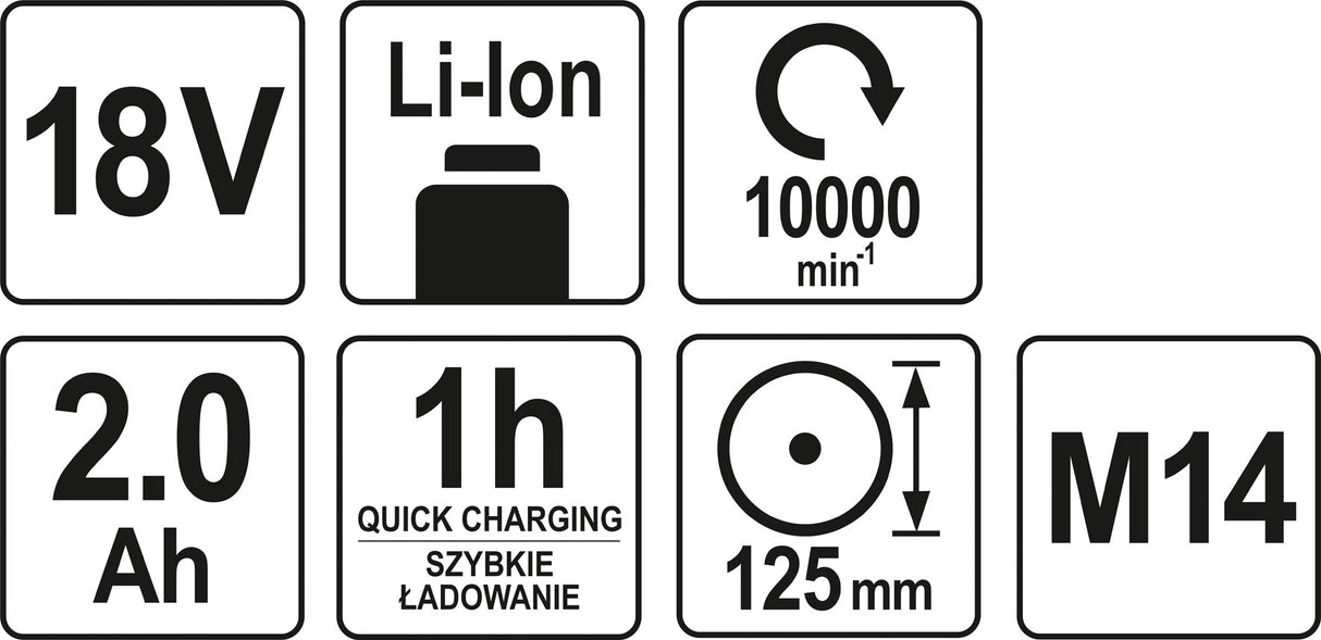 Akumuliatorinis kampinis šlifuoklis 18V, 125 mm, 2,0AH, krovimas 60 min (YT-82826)