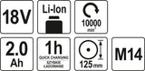 Akumuliatorinis kampinis šlifuoklis 18V, 125 mm, 2,0AH, krovimas 60 min (YT-82826)