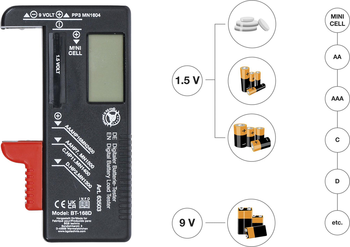 Skaitmeninis baterijos apkrovos testeris | 1,5 V / 9 V (63503)
