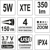 Žibintuvėlis XT-E CREE 5W USB, 94X27MM Akumuliatorinis (YT-08569)