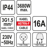 Prailginimo kabelis guminis IP44, 3x1,5mm2 20m su 3 rozečių lizdais (YT-81162)