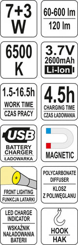 Аккумуляторная рабочая лампа | 7W COB, 600LM + 120LM