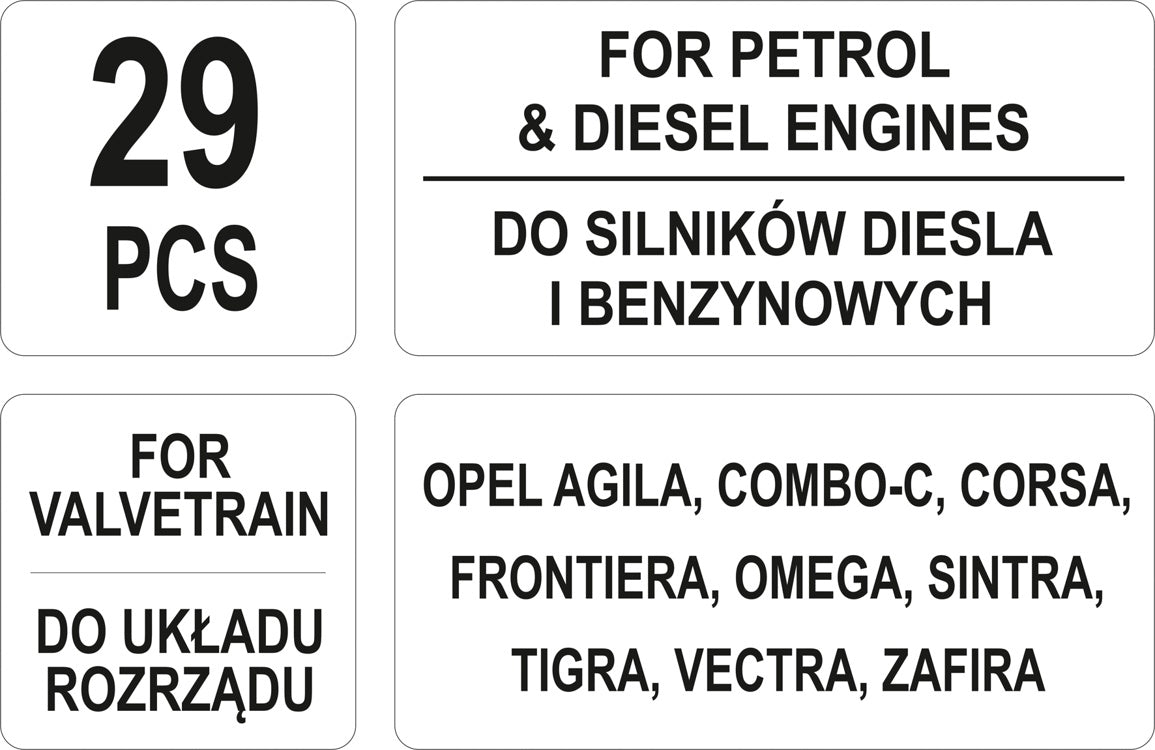 Variklio fiksavimo įrankių rinkinys | Opel | Benzinas/Dyzelis | 29 vnt. (YT-06007)