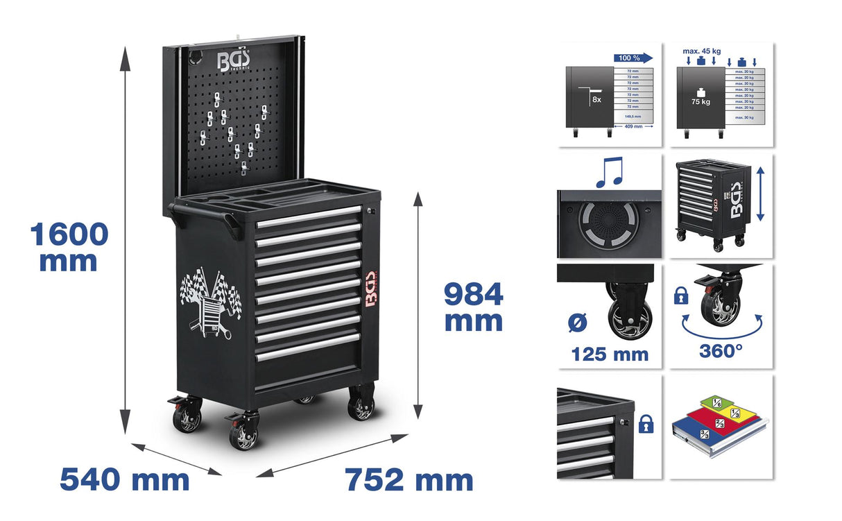 Įrankių spintelė | bluetooth | USB | antena | LED | 8 stalčiai | su 263 įrankiais (4106)