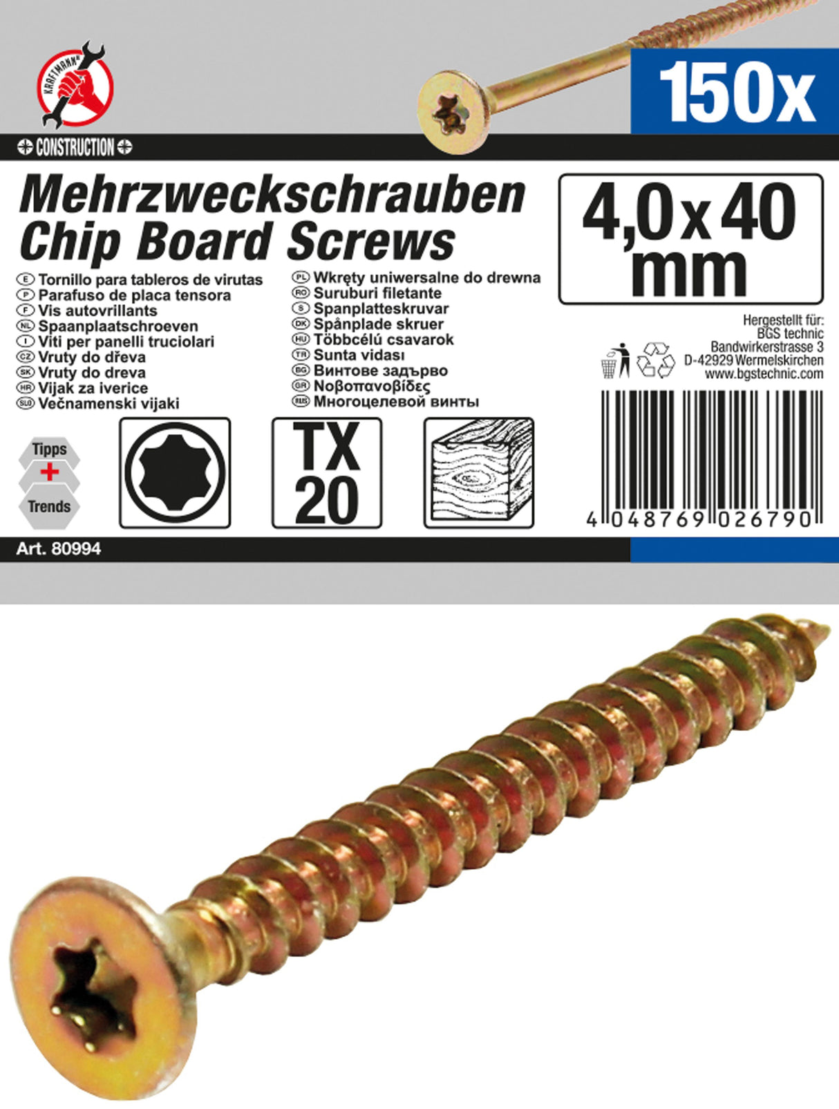 MULTI-PURPOSE SCREWS | T-STAR (FOR TORX) T20 | 4.0 X 40 MM | 150 PCS. (80994)