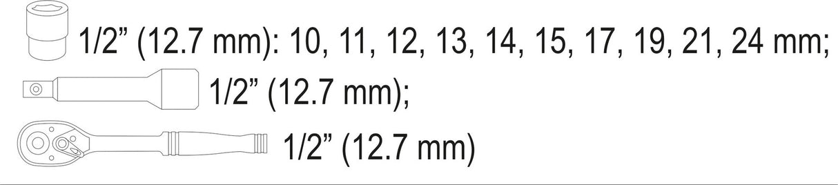Galvučių rinkinys su terkšle | 12,5 mm (1/2") | 10-24 mm | 12 vnt. (58633)