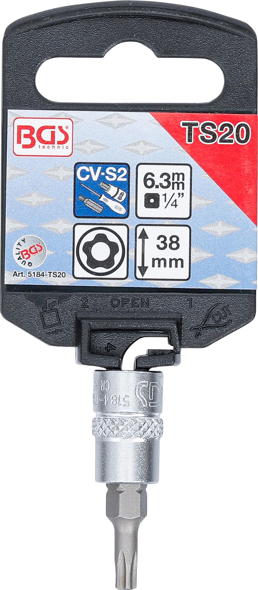 Antgalis 1/4" įpresuotas į galvutę su skyle, penkiakampis TS20x38mm (5184-TS20)