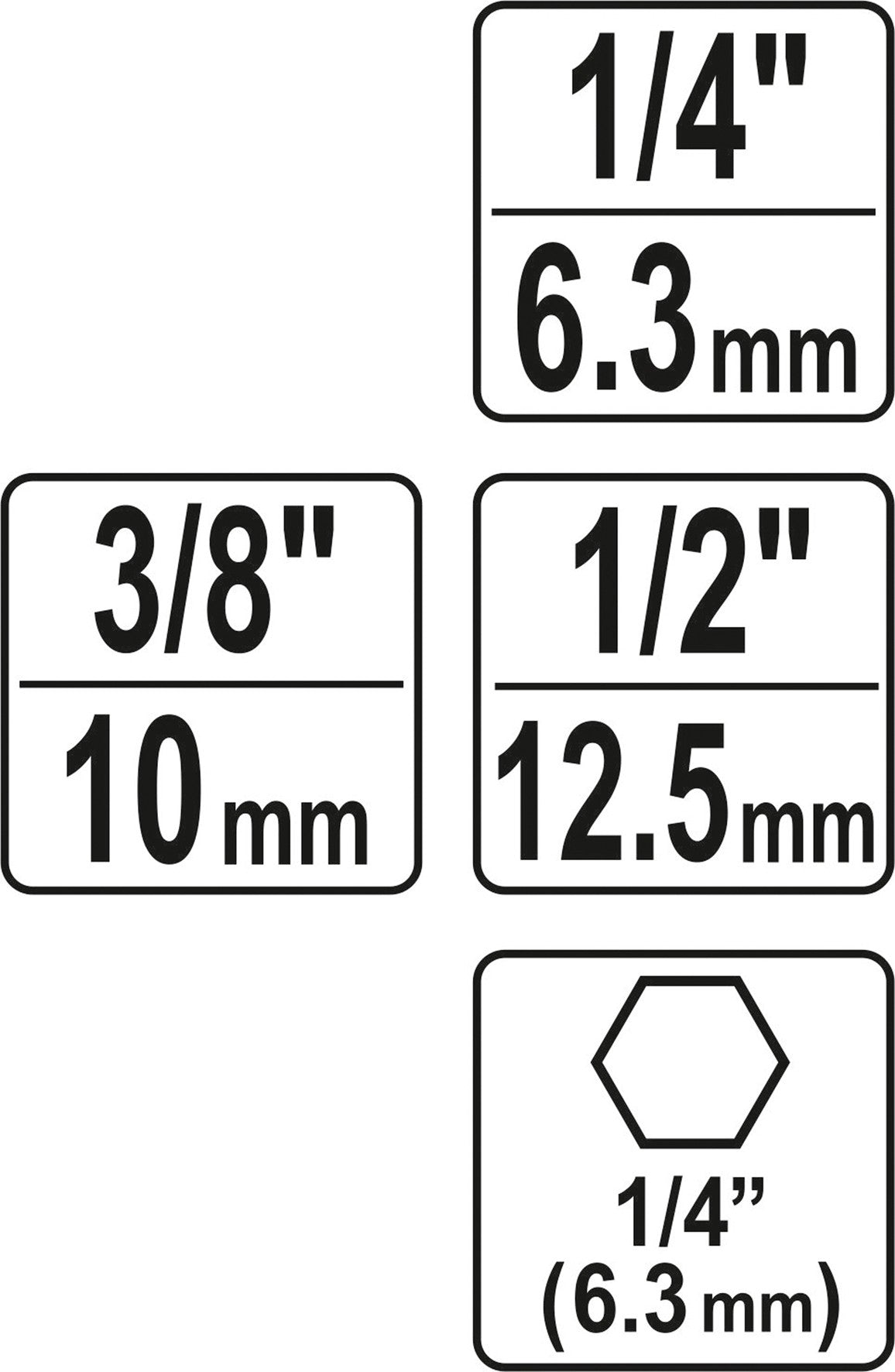 Adapterių komplektas | 6.3 mm (1/4") antgalis | 6.3 mm (1/4") / 10 mm (3/8") / 12,5 mm (1/2") | 3 vnt. (YT-04685)