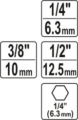 Adapterių komplektas | 6.3 mm (1/4") antgalis | 6.3 mm (1/4") / 10 mm (3/8") / 12,5 mm (1/2") | 3 vnt. (YT-04685)