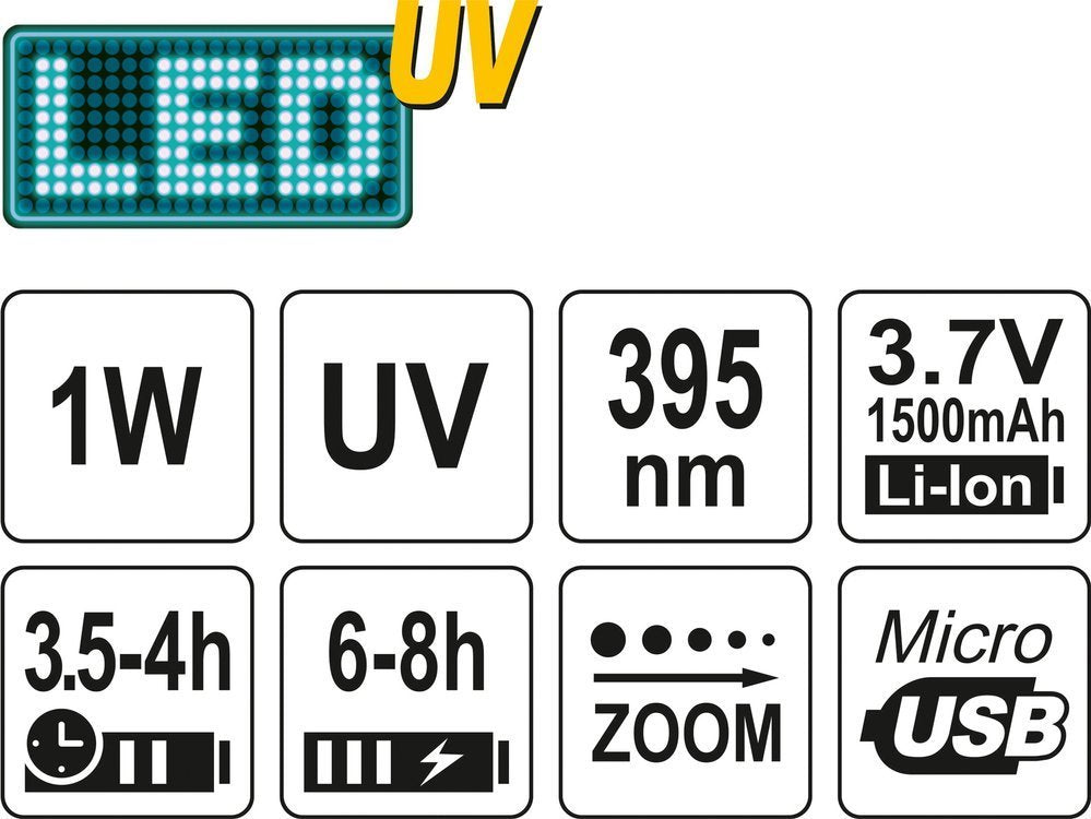 UV žibintuvėlis akumuliatorinis | LI-ION 3.7V | 1500 mAh + akiniai (YT-08587)