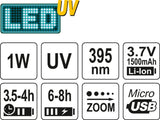 UV žibintuvėlis akumuliatorinis | LI-ION 3.7V | 1500 mAh + akiniai (YT-08587)