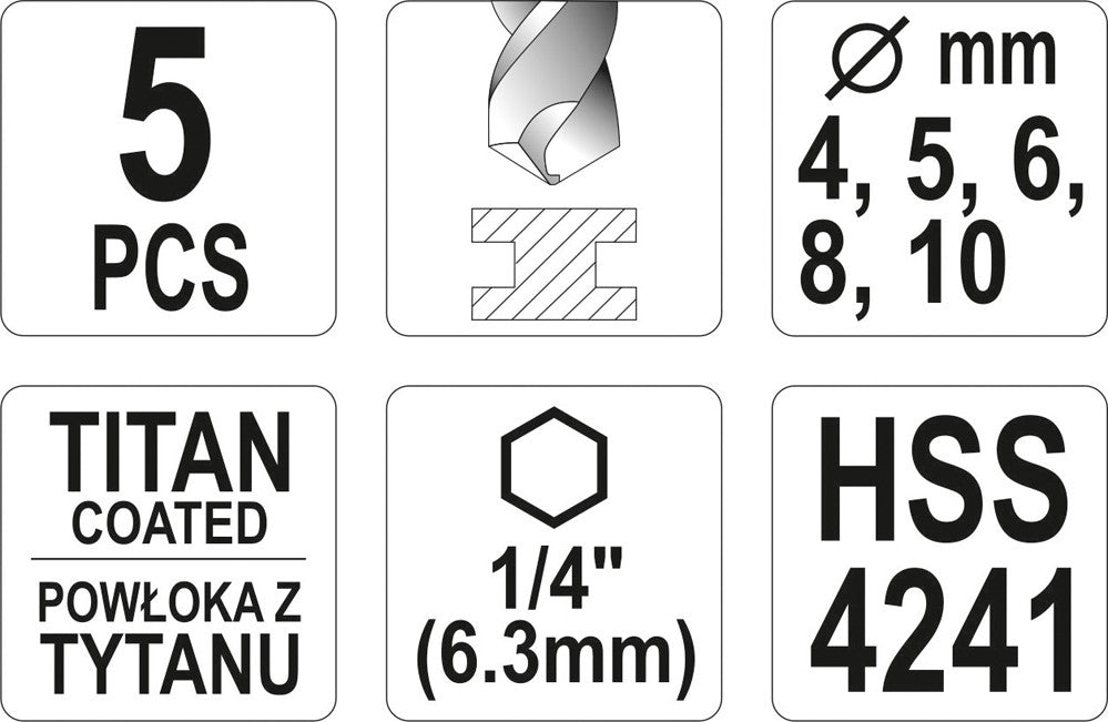 Grąžtų rinkinys su Hex 6.3 mm (1/4") galu | titano nitridas | 4 - 10 mm | 5 vnt. (YT-44700)