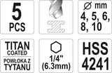 Grąžtų rinkinys su Hex 6.3 mm (1/4") galu | titano nitridas | 4 - 10 mm | 5 vnt. (YT-44700)