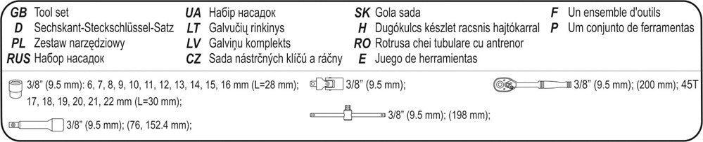 Įrankių komplektas | 10 mm (3/8") | 22 vnt. (58661)