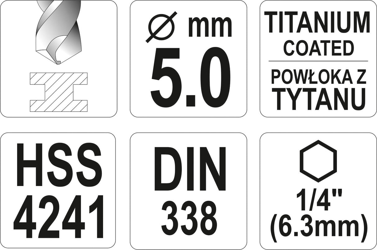 Grąžtas metalui su Hex 6.3 mm (1/4") galu HSS-TiN | 5.0 mm (YT-44761)