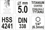 Grąžtas metalui su Hex 6.3 mm (1/4") galu HSS-TiN | 5.0 mm (YT-44761)
