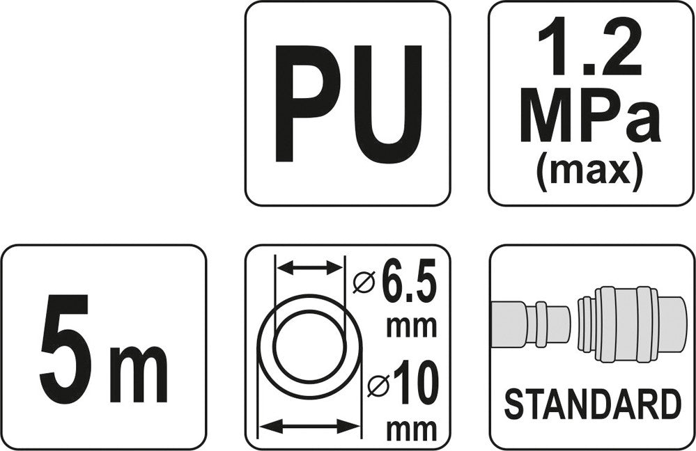 Pneumatinė žarna su antgaliais | 6.5 x 10 mm | 5 m | PU (YT-24204)