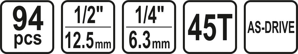 Набор инструментов | 6.3 mm (1/4") + 12.5 mm (1/2") | 94 шт.