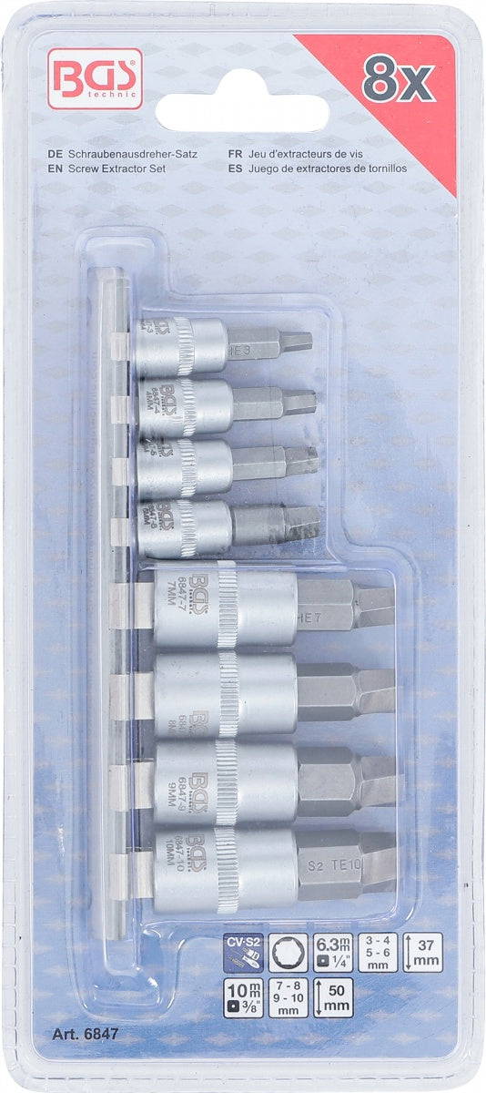 Sraigtiniai ištraukikliai | pažeistam hex | 6.3 mm (1/4") / 10 mm (3/8") | 3 - 10 mm | 8 vnt. (6847)