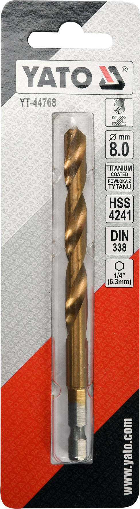 Grąžtas metalui su Hex 6.3 mm (1/4") galu HSS-TiN | 8.0 mm (YT-44768)