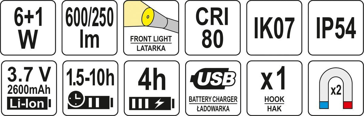 Darbo lempa akumuliatorinė | 6W COB, 600LM + 250LM, LI-ION 3.7V 2600MAH, IK07, IP54, CRI80 (YT-08558)