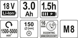 Akumuliatorinis poliruoklis bešepetėlinis | ekscentrinis | 150 mm | 18 V | 3,0 Ah (YT-82920)