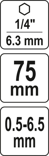 Griebtuvas grąžtams | 0.5-6.5 mm | su 1/4" (6.3mm) antgaliu (YT-04645)