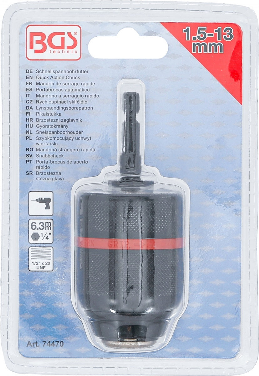 Greito užspaudimo griebtuvas | metalinė versija | 6,3 mm (1/4") antgalis x 20 UNF | 1.5 - 13 mm (74470)