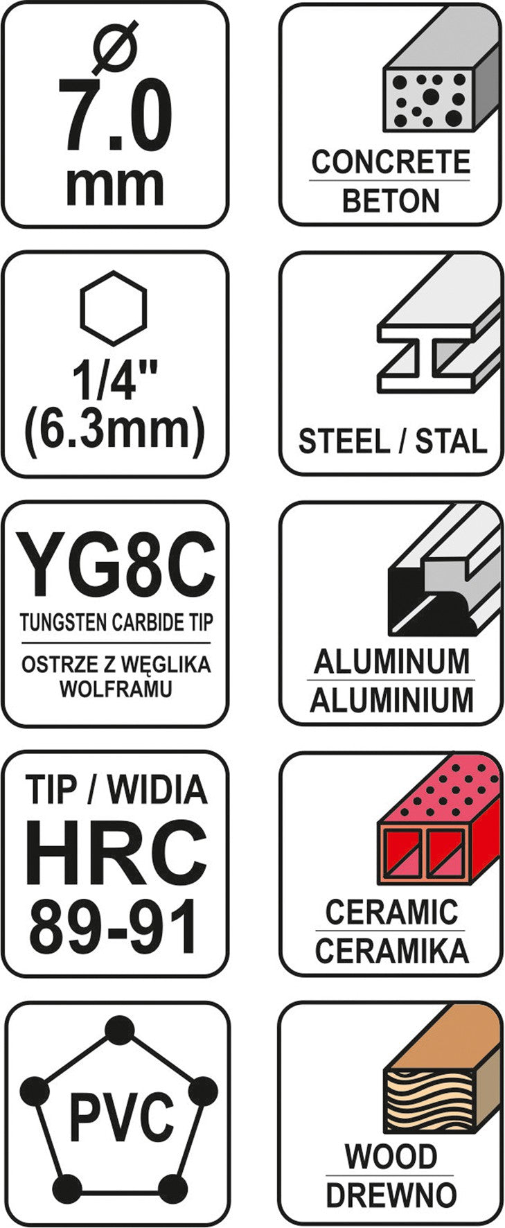 Grąžtas universalus su Hex 6.3 mm (1/4") galu | 7.0 mm (YT-44784)