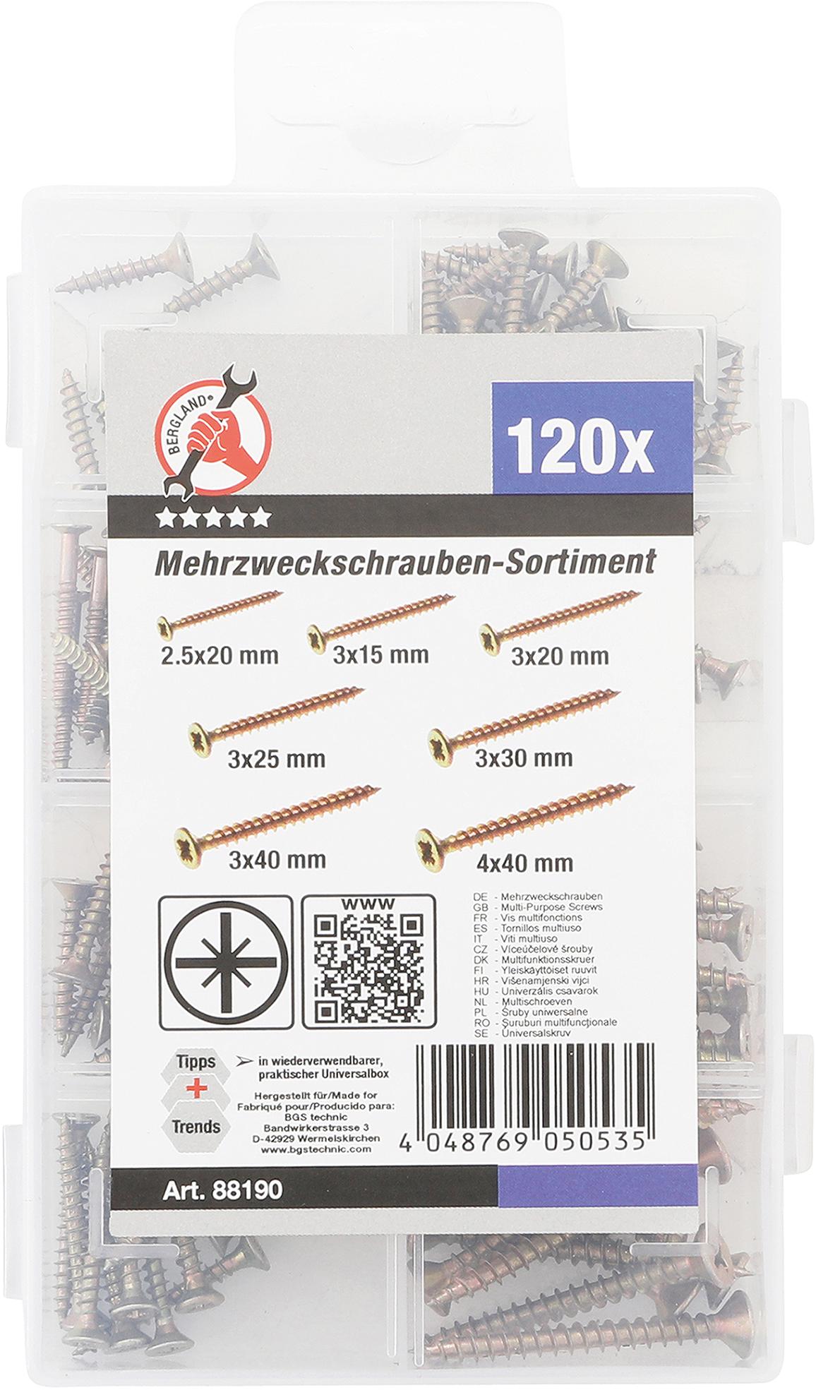 MULTI-PURPOSE SCREWS | CROSS SLOT PZ2 | 120 PCS. (88190)