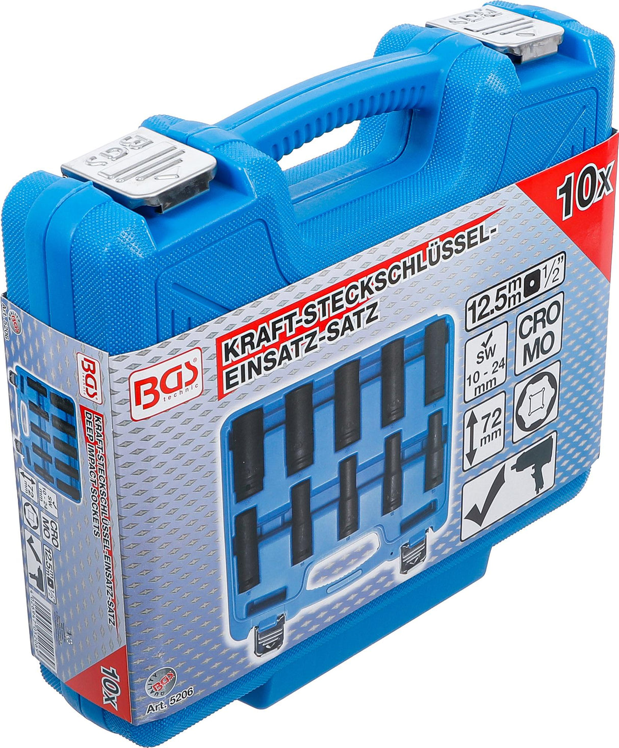 IMPACT SOCKET SET, HEXAGON, DEEP | 12.5 MM (1/2") DRIVE | 10 - 24 MM | 10 PCS. (5206)