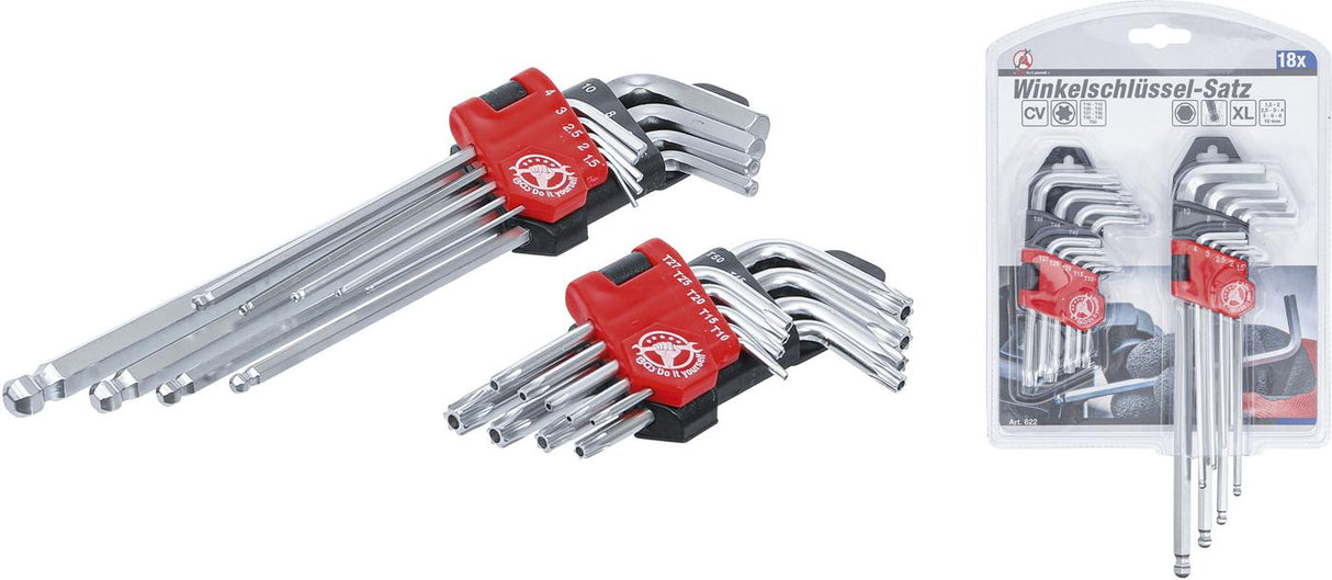 L tipo raktų rinkinys | ilgi | T-Star (Torx) T10 - T50 / Hex šešiakampis 1,5 - 10 mm | 18 vnt. (822)