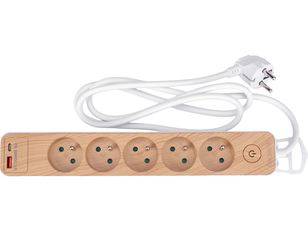 Maitinimo laidas/ilgintuvas su įžeminimu (medžio imitacija) | 5 lizdai + USB | 1,0 mm2 | 1.4 m (72344)
