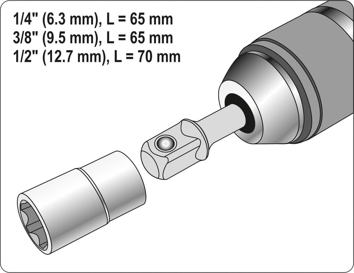 Adapterių komplektas | 6.3 mm (1/4") antgalis | 6.3 mm (1/4") / 10 mm (3/8") / 12,5 mm (1/2") | 3 vnt. (YT-04685)