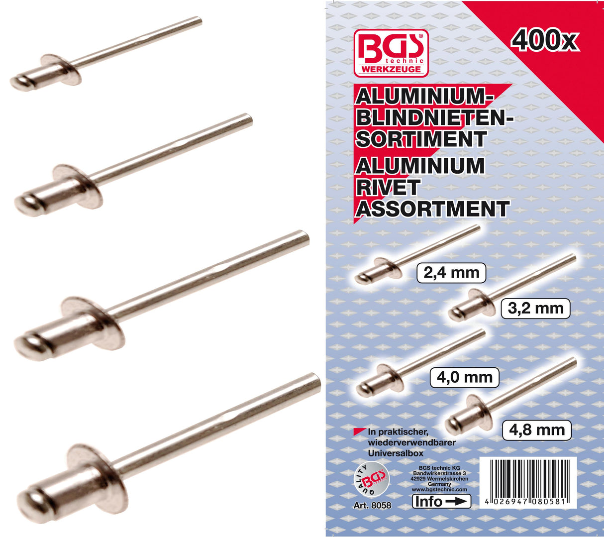 Набор заклёпок в коробке | алюминий | Ø 2,4 - 4,8 mm | 400 шт.
