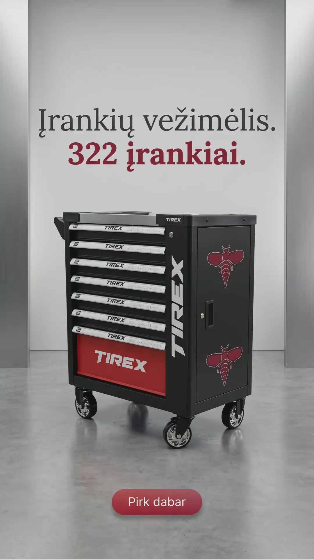 TOOL CABINET ON WHEELS | METAL WORKTOP | WITH TOOLS | 7 DRAWERS / 1 DOOR | 322 TOOLS (H7002)